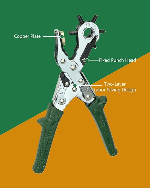 10" Hole Punch Pliers, Leather Punch Pliers, 2.5-5mm 6 Size Adjustments, 30% Labor Saving, Chrome Plated, Fit for Belt/Watchband/Rubber/Paper
