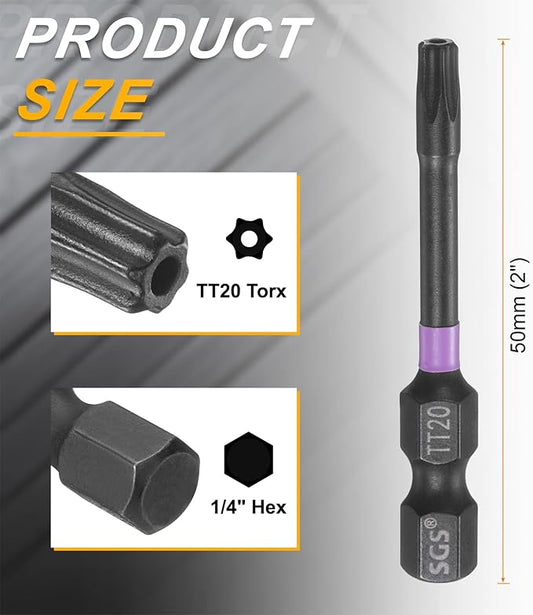 HARFINGTON TT20 Torx Head Impact Screwdriver Bits 1/4" Hex Shank 2" (50mm) Long Magnetic Tamper Proof 6 Point Star Screw Driver Drill Bits Phosphate S2 Steel Power Tools with Hole