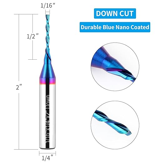 2PCS Downcut Spiral Router Bit 1/4 inch Shank, 1/16 inch Cutting Diameter Solid Carbide with Blue Nano Coating CNC Router Bits End Mill for Wood Carving, Engraving