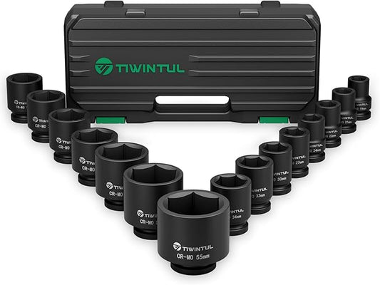 3/4 Inch Drive Impact Socket Set, 15 Pieces Heavy Duty 6-Point CR-MO Steel Impact Sockets, Metric Sizes 17-55 mm, Impact Socket Set for Auto, Truck and Large Machinery Maintenance