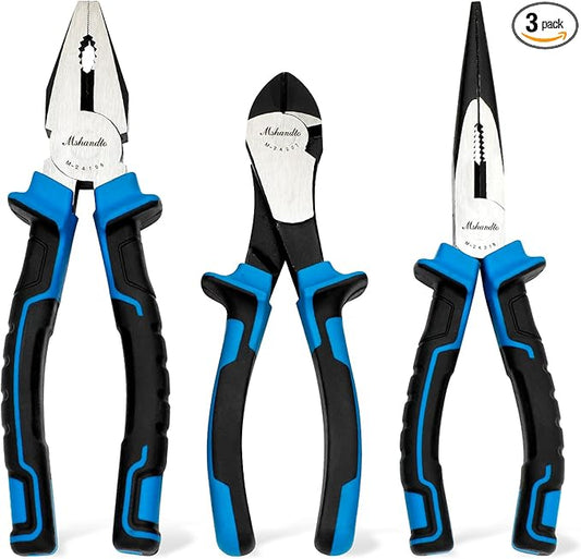 3 Pieces Plier Set, 8" Needle Nose Pliers, 8" Linesman Pliers and 7" Diagonal Cutting Pliers, Premium High Carbon Construction for Cutting, Plumbing, and General Applications Multi-use Tools