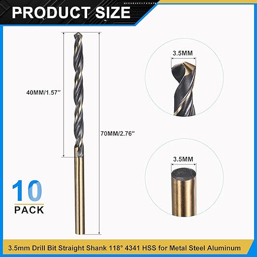 PATIKIL 3.5mm Drill Bit, Jobber Straight Shank 4341 High-Speed Steel 118째 Black and Gold Finish for Medium-Hard Metal Steel Acrylic - 10 Pack