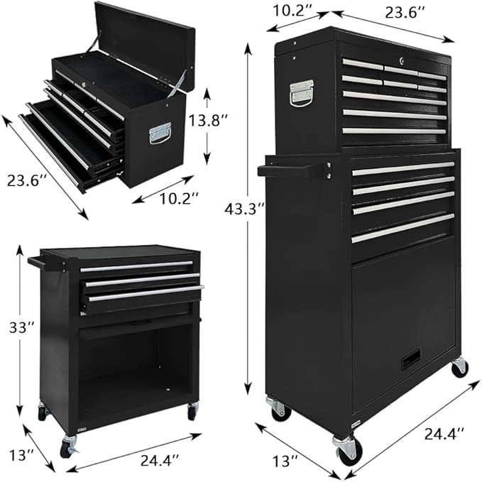 13-Drawer Tool Chest with Toolbox and wheels, Large Detachable Tool box with Sliding Drawers, Mechanic Storage Cabinets, Metal Tool Cart for Garage Workshop (BLACK)