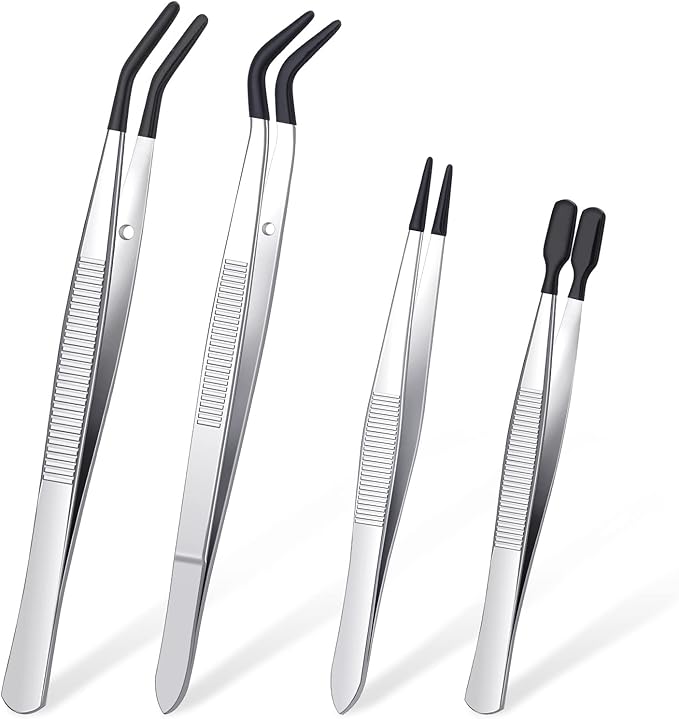 DragonflyDreams 4 Pieces Tweezers with Rubber PVC Coated Set, Straight Tip Tweezers Rubber Flat Tip Long Bent Tweezer for Crafts Stamps Beads Jewelry Tools (Rubber Tweezer)