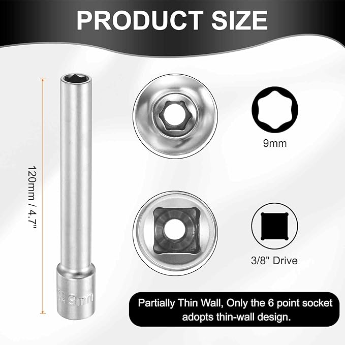 HARFINGTON 2pcs 6 Points Deep Socket 3/8" Drive 9mm Deep Metric CR-V Steel Polished Nickel Plating Flip Sleeve 120mm / 4.7" Extra Long Socket Tool for Home Auto Nuts Bolts Repair