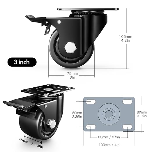 ANDUTEES 3 Inch Heavy Duty Casters Set of 4, Load 4400lbs, Locking Swivel Plate Industrial Casters with Double Ball Bearings, Low Gravity Center Castor Wheels for Furniture, Workbench, Equipment