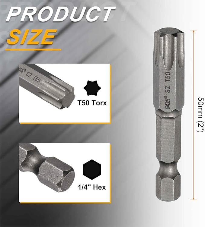 HARFINGTON 2pcs T50 Torx Head Screwdriver Bit 1/4" Hex Shank 2" (50mm) Long Magnetic No Hole Tip Tamper Proof 6 Point Star Screw Driver Drill Bits S2 Steel Industrial Power Screwdrivers