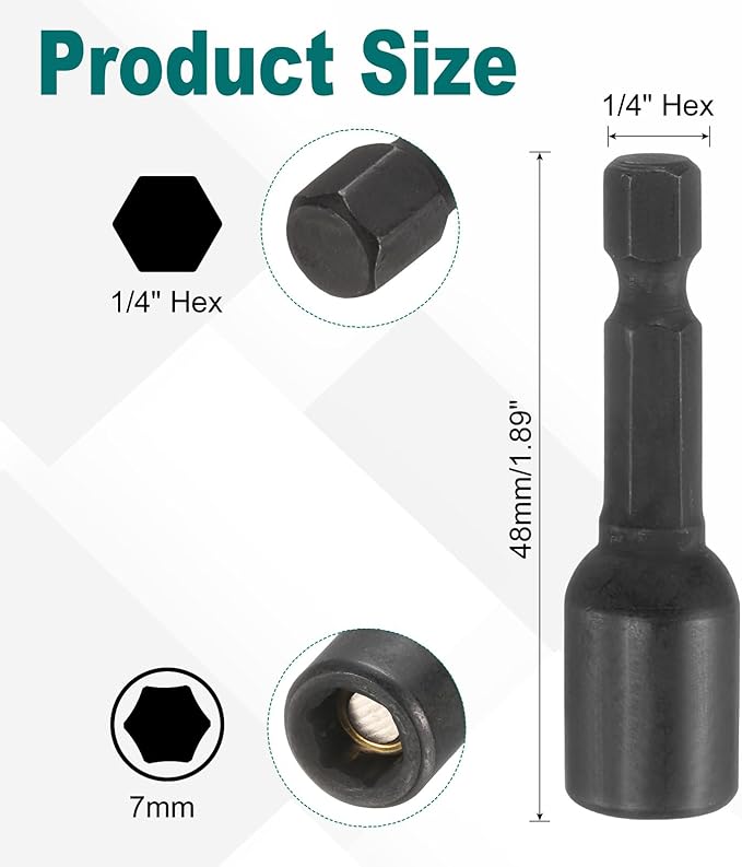 uxcell 2Pcs 1/4" Hex Shank 7mm Magnetic Hex Socket 48mm Length, CR-V Steel Quick-Release Impact Driver Socket Wrench Screw for Impact Drill Power Nut Setter