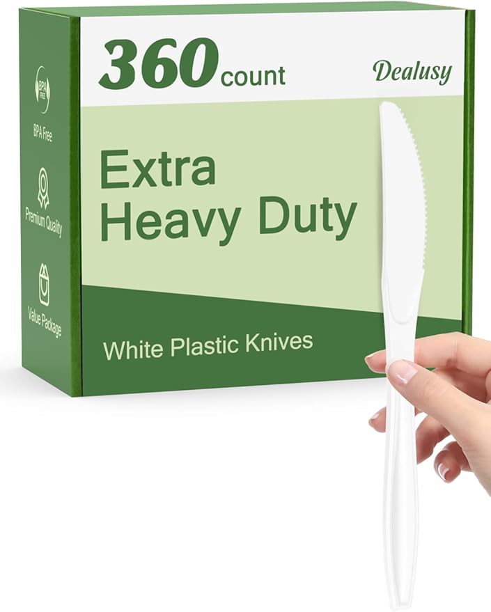 Dealusy 360 Count Extra Heavy Duty White Plastic Knives Disposable, BPA-Free, Heat Resistant, Solid and Durable Disposable Knives Bulk, Premium Plastic Knives heavy duty for Party Supply