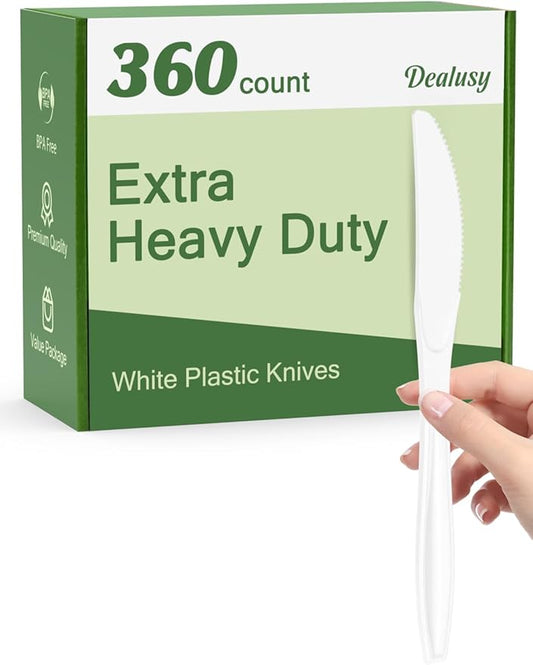 Dealusy 360 Count Extra Heavy Duty White Plastic Knives Disposable, BPA-Free, Heat Resistant, Solid and Durable Disposable Knives Bulk, Premium Plastic Knives heavy duty for Party Supply