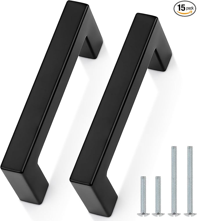 Probrico 15 Pack 3" Hole Centers Cabinet Pulls Black Drawer Handles - Kitchen Cabinet Handles Modern Suqare Bar Pulls Stainless Steel Cabinet Hardware for Dresser Bathroom Bedroom Laundry