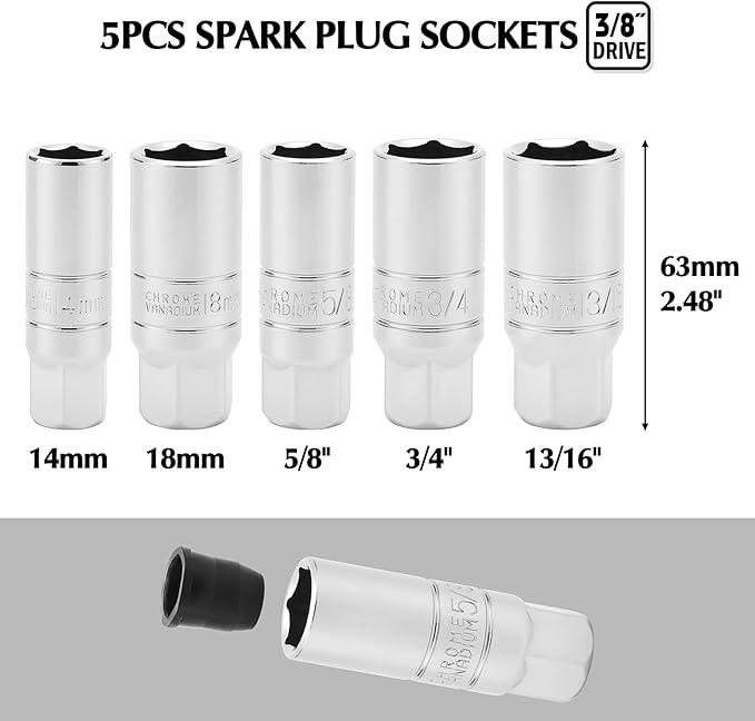 EMENTOL 8PCS 3/8" Drive Spark Plug Socket Set, SAE & Metric, 6-Point Socket Set, Universal Joint, 6-Inch Extension Bar, Spark Plug Gap Gauge