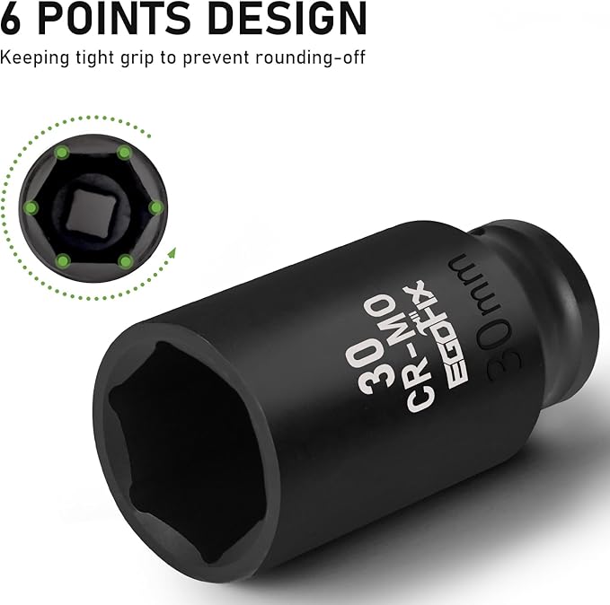 30mm Socket 1/2" Drive Deep Impact Metric Socket,CR-MO 6 Point for Easy Removal of Axle Nut