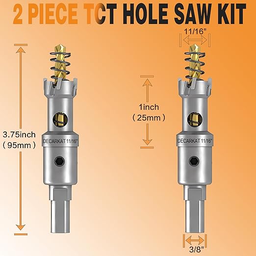 2-Pack 11/16" TCT Hole Saws for Hard Metal, Heavy Duty 18mm Tungsten Carbide Tipped Hole Cutters Set with Spring-Loaded Pilot Drill Bits for Stainless Steel, Metal, Iron, and Plastic.