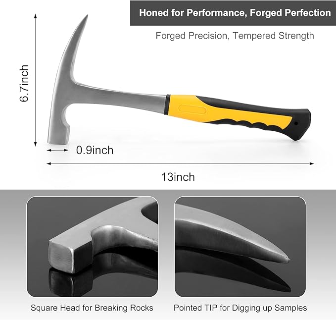 MYSTERYSTONE 28 Pieces Rock Hammer Kit for Rock Hounding, Complete Great Bundle including Steel Rock Pick Hammer,3-Pieces Heavy Duty Chisel Set,Updated Mussette Bag and Many More