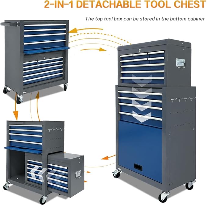 13-Drawer Tool Chest with Tool box and wheels, Large Detachable Toolbox with Sliding Drawers, Mechanic Tool Box Storage Cabinets, Metal Tool Cart for Garage Workshop (BLUE＆GREY)