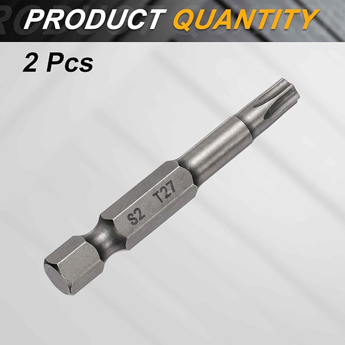 HARFINGTON 2pcs T27 Torx Head Screwdriver Bit 1/4" Hex Shank 2" (50mm) Long Magnetic No Hole Tip Tamper Proof 6 Point Star Screw Driver Drill Bits S2 Steel Industrial Power Screwdrivers