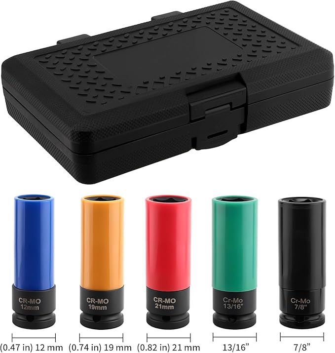 KEILEOHO 5 Pcs 1/2-Inch Drive Wheel Protector Impact Socket, 6 Point, Metric,15mm 17mm 19mm 21mm 22mm, Color-Coded, Thin Wall Deep Impact Socket Set for Protector Tire & Wheel Protection