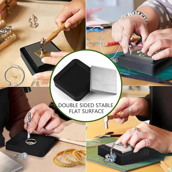Steel Bench Block with Wooden Handle Hammer Set, Jewelry Stamping Making Tools for Crafting