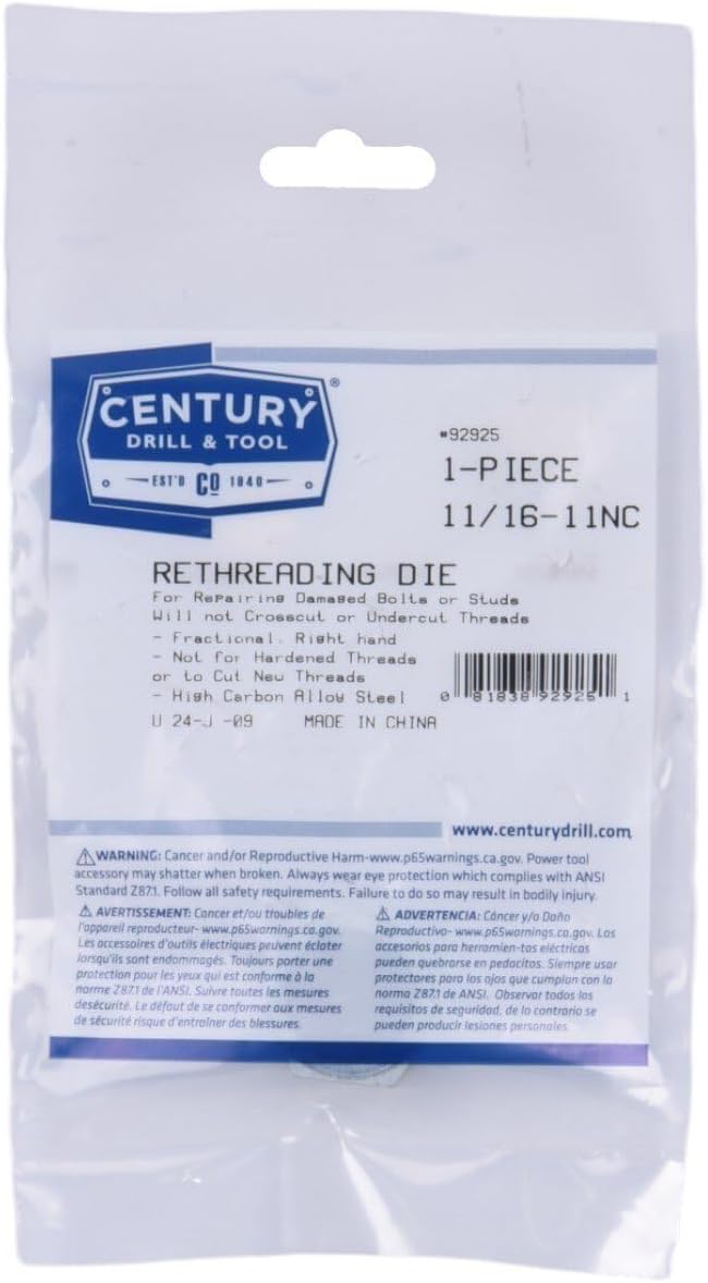 Century Drill & Tool, 92925, 11/16-11 NC, National Coarse Fractional Right Hand Rethreading Die, High Carbon Steel, Fix Damaged Bolts or Studs