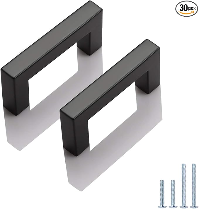 Probrico 30 Pack Matte Black Bar Cabinet Pulls 2.5 inch Hole Centers, Stainless Steel Square Dresser Drawer Pulls Handles Bedroom Closet Kitchen Modern Furniture Hardware
