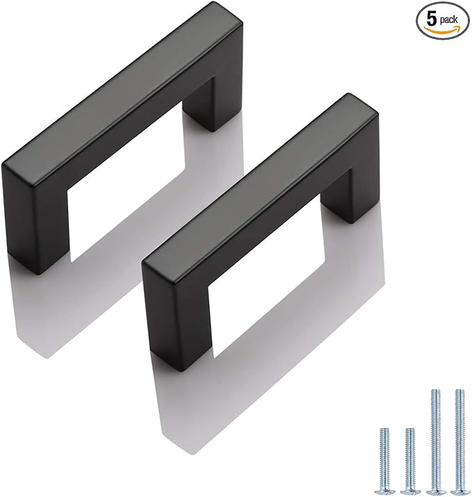 Probrico 5 Pack Matte Black Bar Cabinet Pulls 2.5 inch Hole Centers, Stainless Steel Square Dresser Drawer Pulls Handles Bedroom Closet Kitchen Modern Furniture Hardware