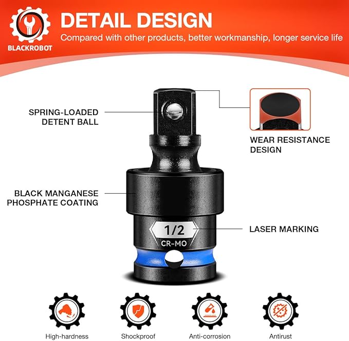 BLACKROBOT 1/2" Drive Impact Universal Joint Set, CR-MO Swivel Socket Adapter for Automotive Repair & Heavy-Duty Home DIY, Flexibly Reach Tight-Angle Fasteners