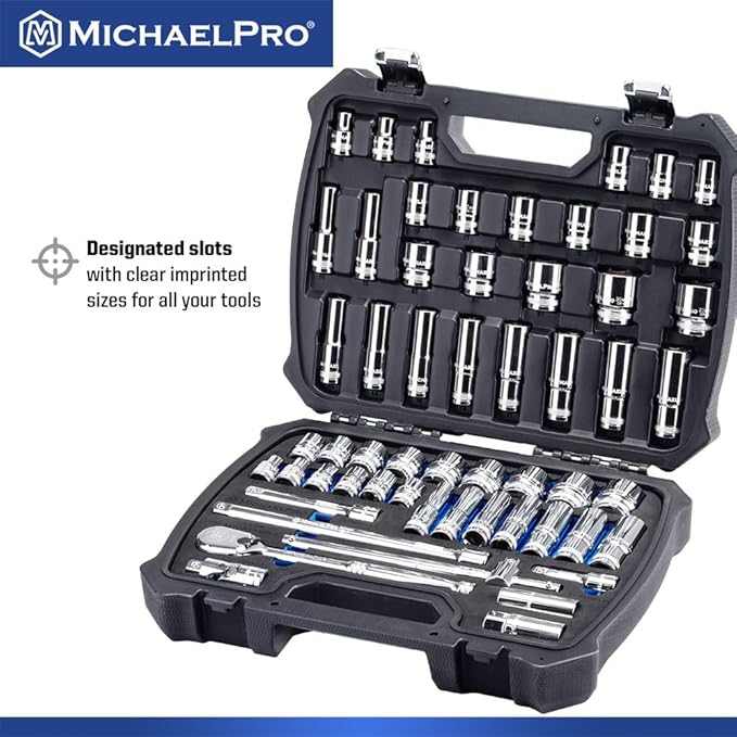 MichaelPro 57-Piece 1/2'' Drive Socket Set, 90-Tooth Standard & Deep Sockets, SAE 3/8''- 1-1/4'' & Metric 10-32mm, with Extension Bars, Sliding T-Bar, Universal Joint ??CR-V Steel | MP005061
