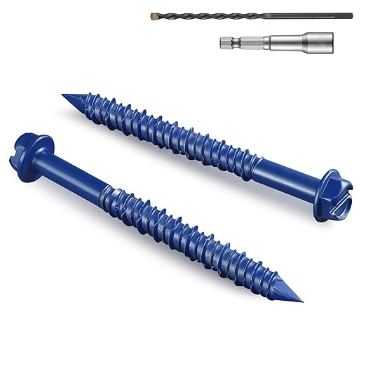 100Pcs 1/4 x 2-3/4 Inch Concrete Screws Anchor with Drill Bit, Blue Hex Head Masonry Brick Stucco Cement Block Screws, Diamond Point
