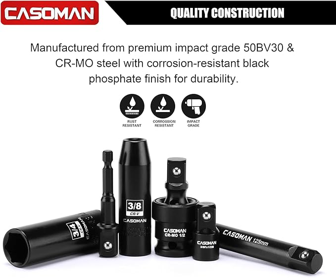 CASOMAN 25 PCS 1/2" Drive Deep Impact Socket Set with Case, 6 Point, 3/8" - 1-1/2", SAE, Include Extension Bars, Socket Adapter, Drill Adapter and Universal Joint