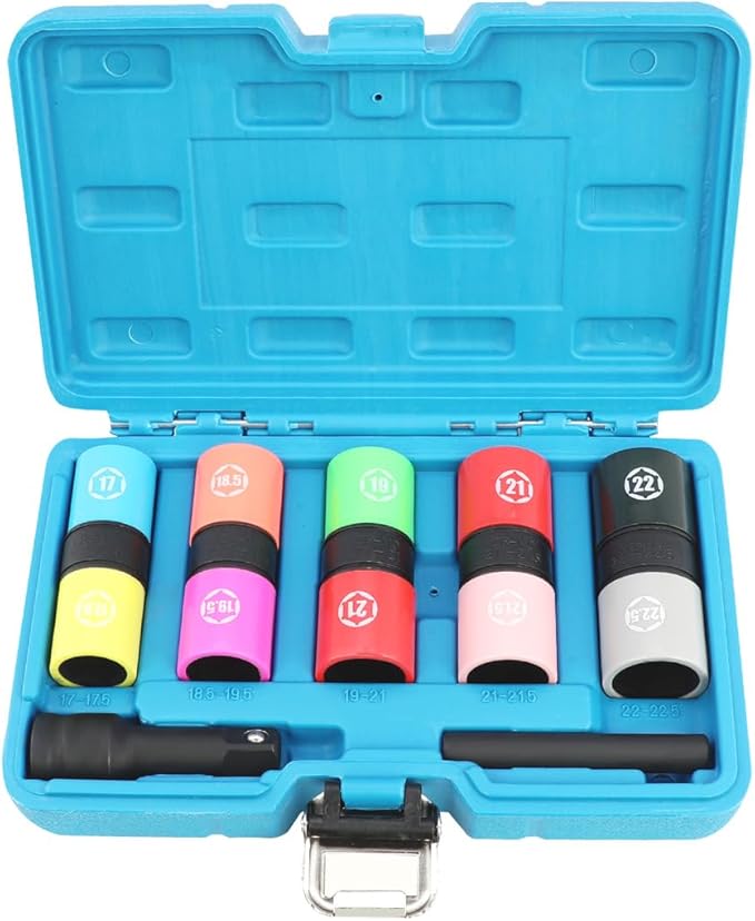 DPTOOL Half Size Lug Nut Socket Set 1/2??Drive Impact Flip Socket Set Metric 6 Point Non-Marring Thin Wall Double Ended Wheel Lug Nut Socket for Removal of Swollen, Dented and Deformed Lug Nuts