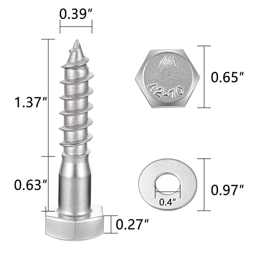 20 Pcs M10x2 Inch Lag Screw Kit with Washers Hex Head Lag Screws for Indoor 304 Stainless Steel 18-8 Medium Sized Wood Structure Fastening Reinforcement