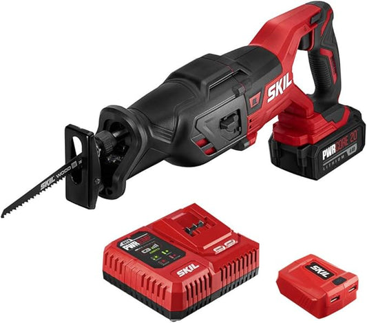 SKIL PWR CORE 20 Brushless 20V Reciprocating Saw Kit with 4.0Ah Battery, PWR JUMP Charger, and PWRAssist USB Adapter - RS5884-1A