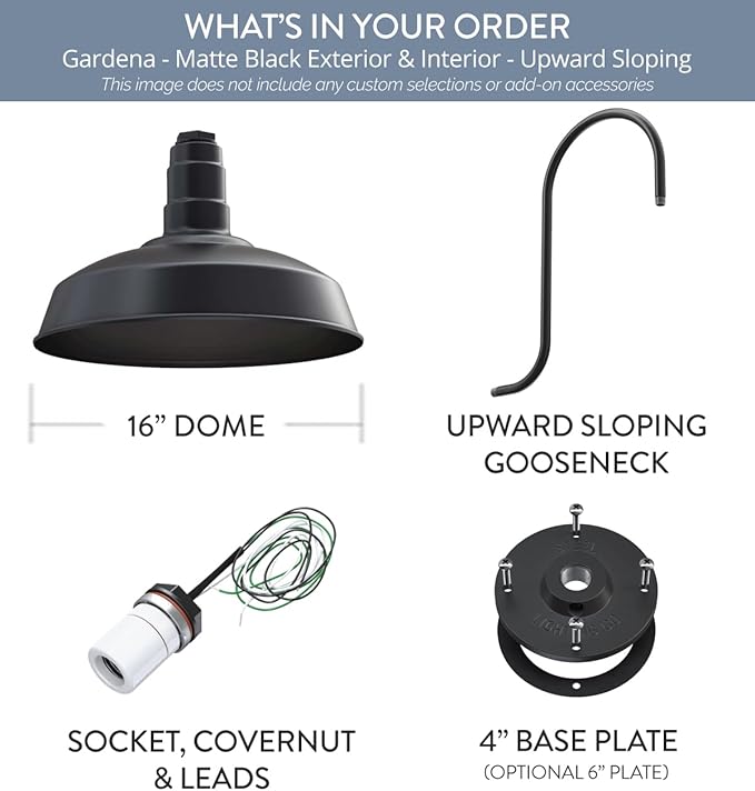 Steel Lighting Co. | Dusk to Dawn | Gardena Barn Light | Outdoor Wall Mounted | 16" Dome | Upslope Gooseneck | Farmhouse Light Made in America | Matte Black Exterior/Matte Black Exterior