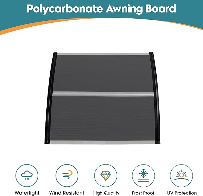 MCombo 39.8" x 37.8" Window Awning Outdoor Polycarbonate Hollow Sheet Door Patio Canopy, 6055-4040 (Grey Board with Black Bracketr)