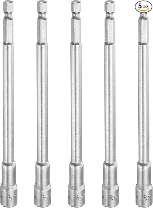 HARFINGTON 5pcs Nut Driver Drill Bit 8mm Metric Socket 1/4" Hex Shank 5.91" (150mm) Long Magnetic 6-Point Sockets Quick Change CR-V Steel Bolt Setters for Power Drill Drivers