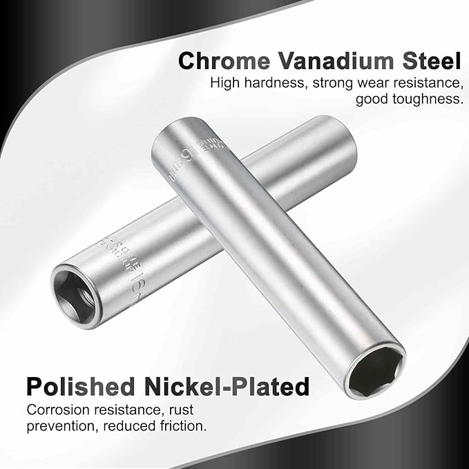 HARFINGTON 6 Points Deep Socket 1/2" Drive 16mm Deep Metric CR-V Steel Polished Nickel Plating Flip Sleeve 120mm / 4.7" Extra Long Socket Tool for Home Auto Nuts Bolts Repair