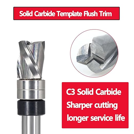 Flush Trim Router Bit 1/4 Shank, Down-Cut Carbide Head 3-Flute, 3/8" Diameter, 1/2" Cutting Length, Pattern Template Spiral Flush Trim Router Bit, for Grooves, Bottom Cleaning, Wood Trimming