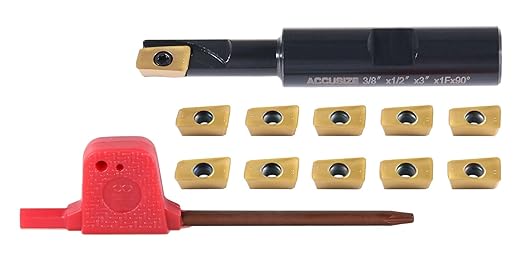 Accusize Industrial Tools 3/8" 90째 Square Shoulder Indexable End Mill w/ 10 add'l APKT11T308 Inserts, 1/2" Shank, 3" OAL, 0.433" ap, 1 Flute, APKT11T308 Carbide Insert, 0056-0912+0056-1130
