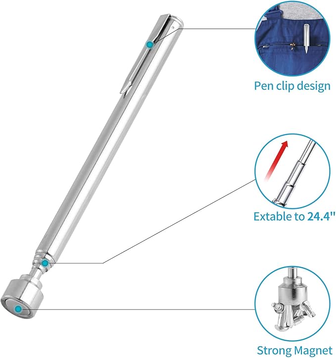 5LBs Telescoping Magnetic Pickup Tool, Magnet Stick Rod with Pen Clip Design, Extendable 5.7" to 24.4", for Men Gift Birthday, Father's Day, Christmas