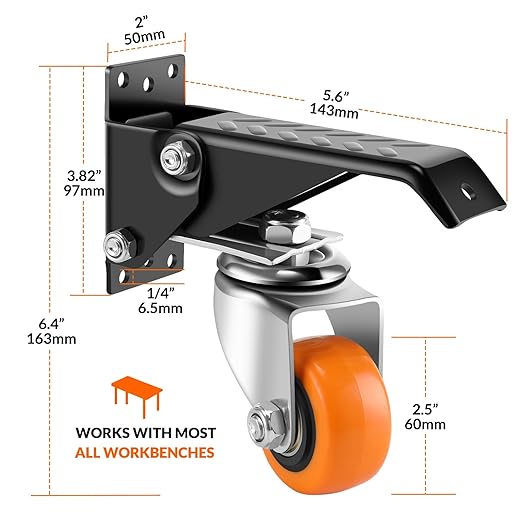 Caster Wheels, 2.5 Inch Workbench Casters Set of 4 Heavy Duty - 600 Lbs Capacity Retractable Swivel Castors with No Noise Polyurethane Wheels, Easy to Install for Tables Legs, Work Bench & Tool Carts