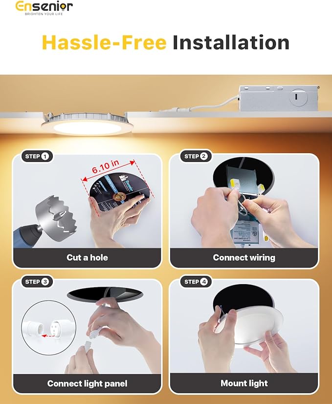 Ensenior 36 Pack 6 Inch LED Recessed Light, Dimmable, 2700K-5000K 5CCT, 1200LM High Brightness, 12W 120V, Damp Rated, Ultra-Thin Canless Wafer Ceiling Light - ETL & FCC & IC