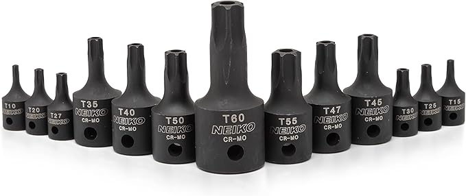 NEIKO 10282B 13 Piece Security Torx Socket Bit Set, 6 Point Heavy Duty Tamperproof Impact Grade Star Bit Set Torx, Safety Torx Bit Set, Tamper Proof Torx Bit Set, Torx Tool Set, Torx Socket Set