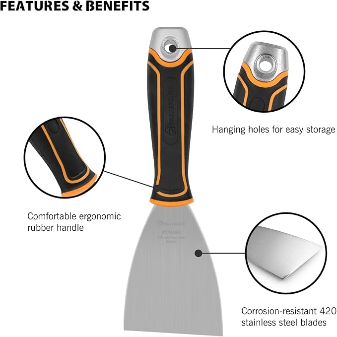 ROLLINGDOG 3" Angled Putty Knife - 5 Degree Angle Paint Scraper with Metal Hammer Cap, Rubber Griped Handle, 3 Inch Flex Putty Knife for Scraping Into Corners