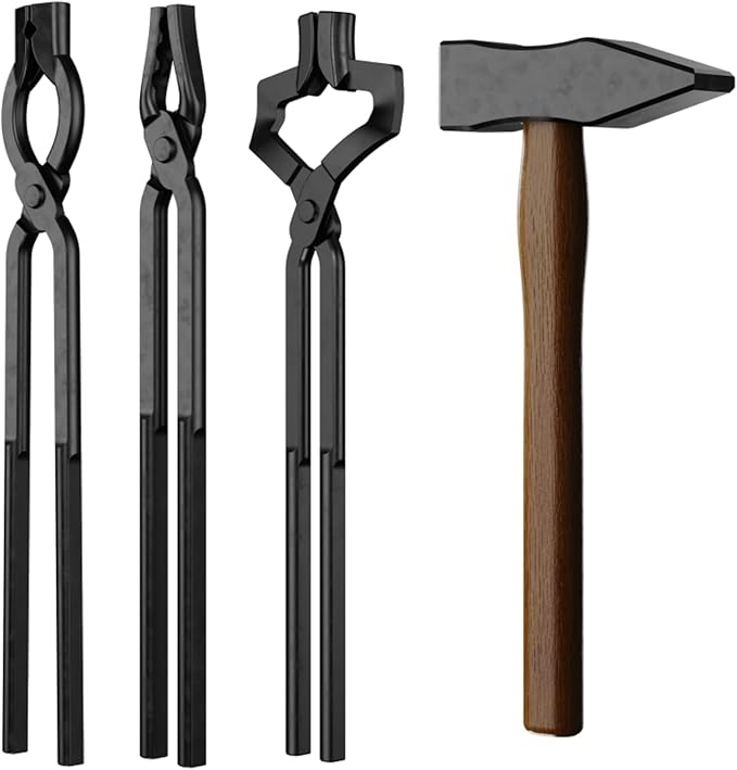 4PCS Blacksmith Tools with Blacksmith Tongs and Blacksmith Hammer, Z V-Bit, Wolf Jaw,V-Bit Bolt with A3 Steel Rivets,and Assembled Blacksmithing Tongs for Forging Tools and Equipment