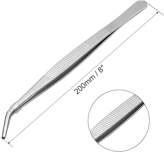 uxcell 8-Inch Stainless Steel Tweezers with Curved Serrated Tip Daily Garden Tool