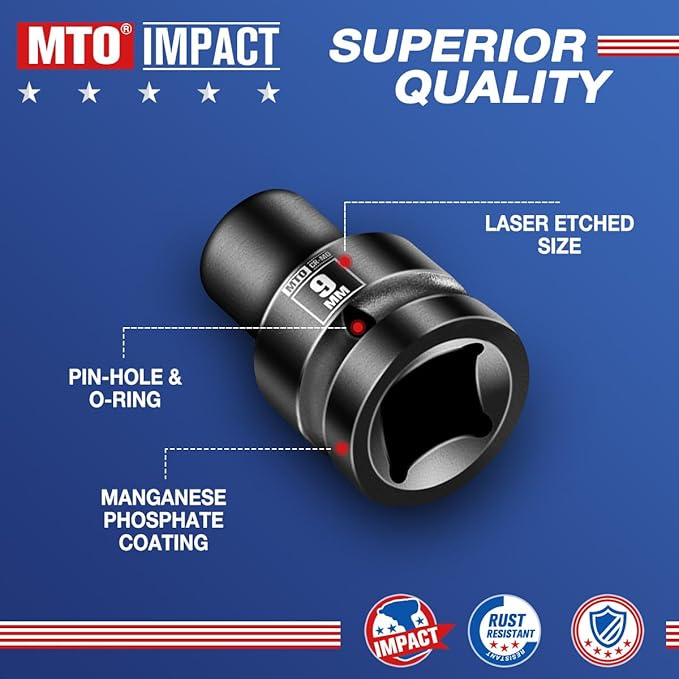 MTO 1/2" Drive 9mm Shallow Impact Socket, 6-Point Metric Socket, CR-MO Steel & Anti-Corrosion Coating for Tight Spaces and Heavy-Duty Tasks