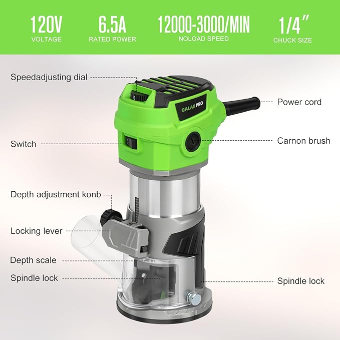 GALAX PRO 6.5 Amp Compact Wood Router with Fixed Base,1.25 HP Variable-Speed Trim Router 12000-30000RPM, Router Bits, Edge Guide, Roller Guide & Dust Hood