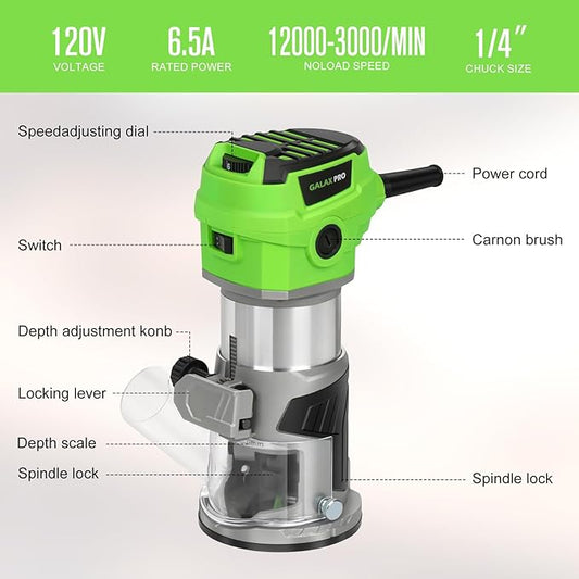 GALAX PRO 6.5 Amp Compact Wood Router with Fixed Base,1.25 HP Variable-Speed Trim Router 12000-30000RPM, Router Bits, Edge Guide, Roller Guide & Dust Hood
