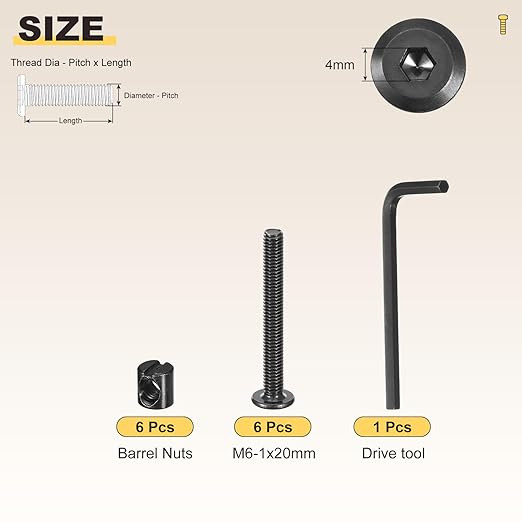 METALLIXITY Furniture Crib Screws Replacement Set with Wrench(M6-1x50mm) 12Pcs, Galvanization Connector Bolt M6 Screw Barrel Nuts Binding Screws, for Chair Cabinet Bed, Black
